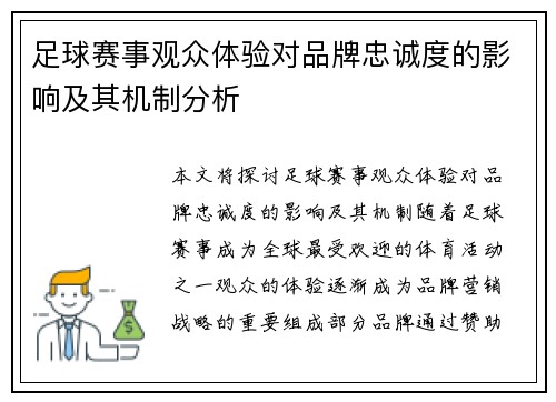 足球赛事观众体验对品牌忠诚度的影响及其机制分析 足球赛事观众体验对品牌忠诚度的影响及其机制分析
